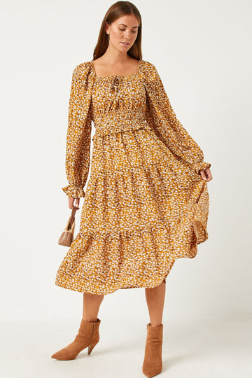 HY5441 MUSTARD Womens Smock Waist Square Neck Floral Midi Dress Full Body